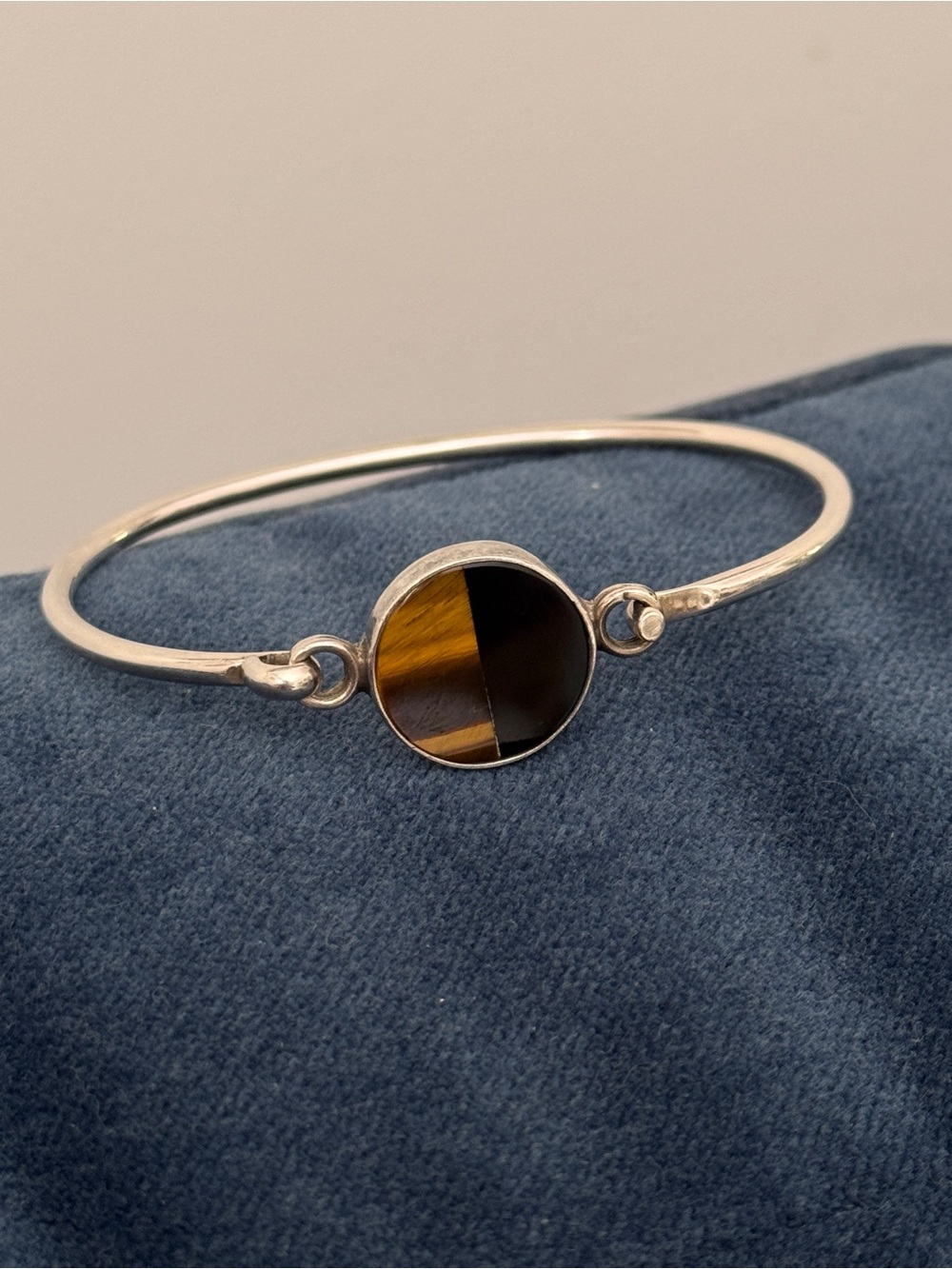 CII MEXICO 925 Silver Vintage Black Onyx & Tiger's Eye Bangle Bracelet
